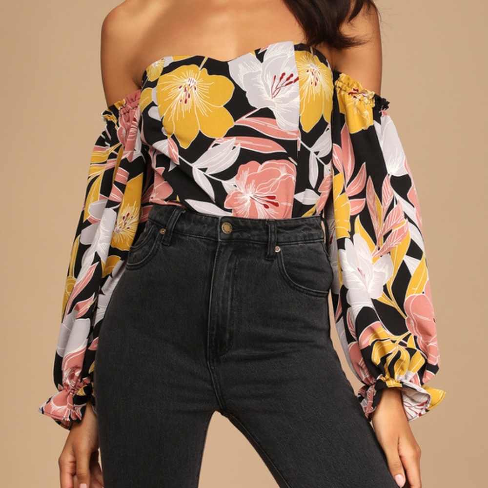 Lulus Bring The Blossom Black Floral Print Off-the-shoulder Bodysuit - Size M
